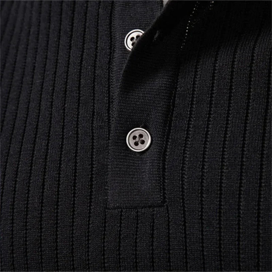 Vertical Rib Three-Button Henley Sweater