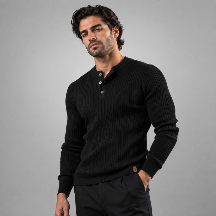 Vertical Rib Three-Button Henley Sweater