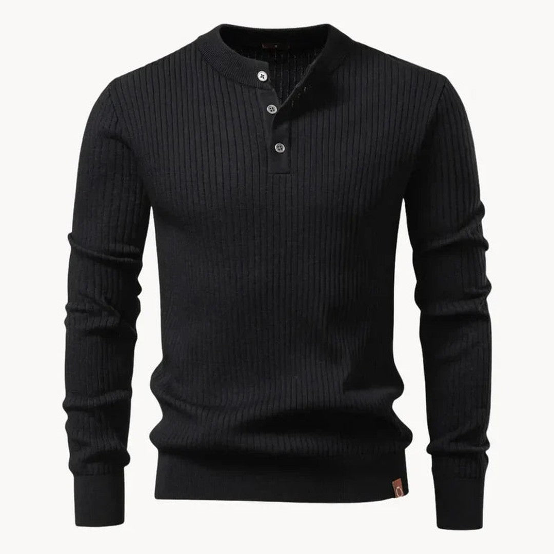 Vertical Rib Three-Button Henley Sweater