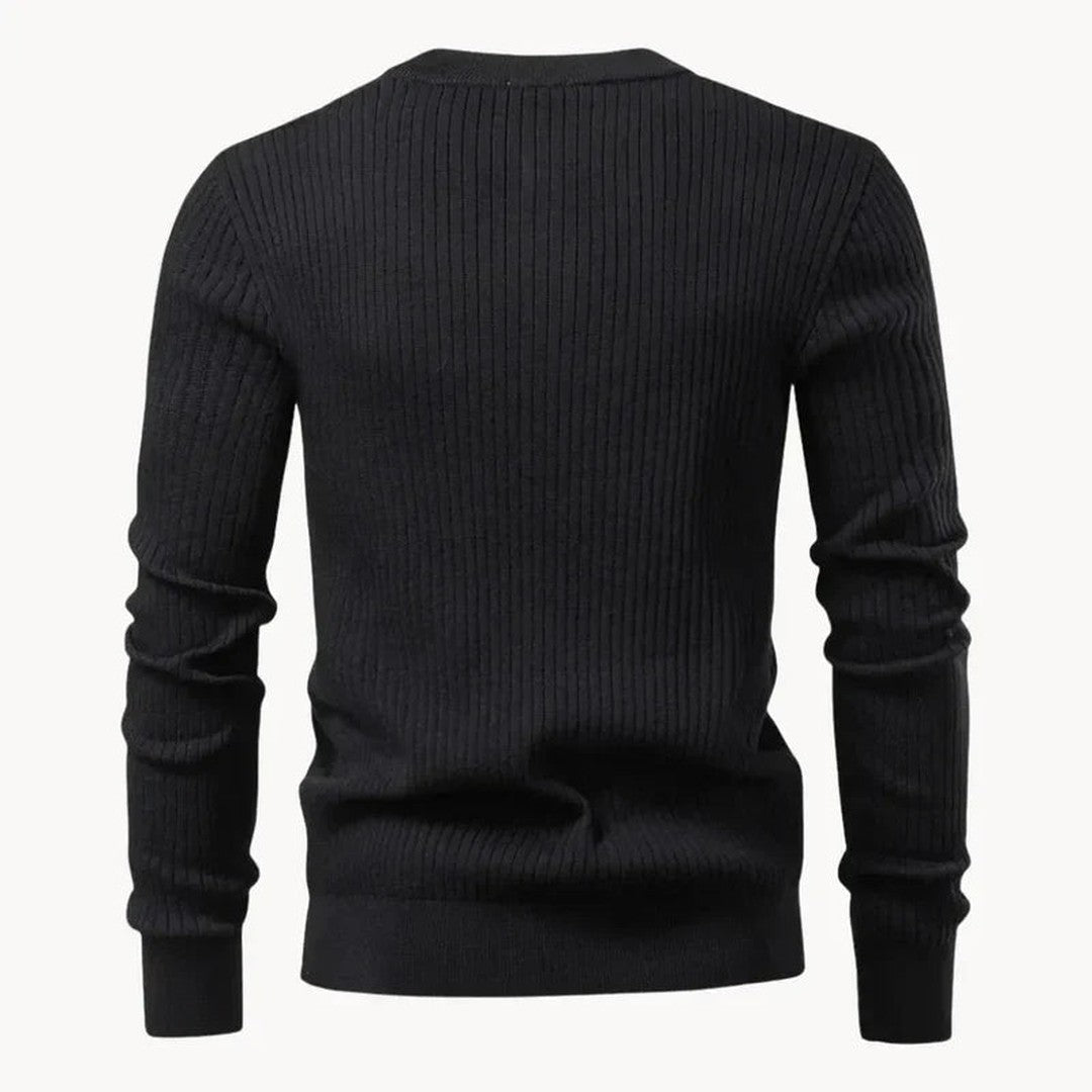 Vertical Rib Three-Button Henley Sweater