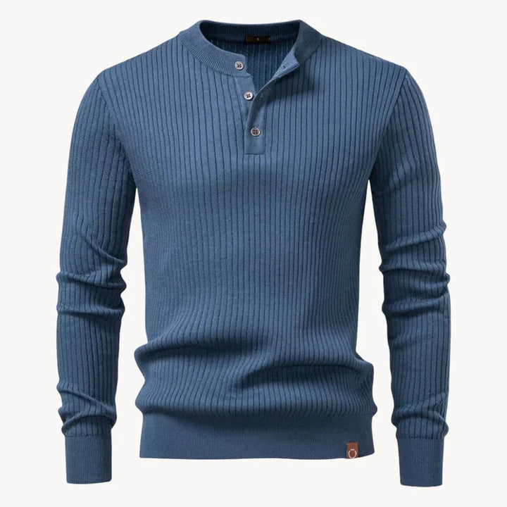 Vertical Rib Three-Button Henley Sweater