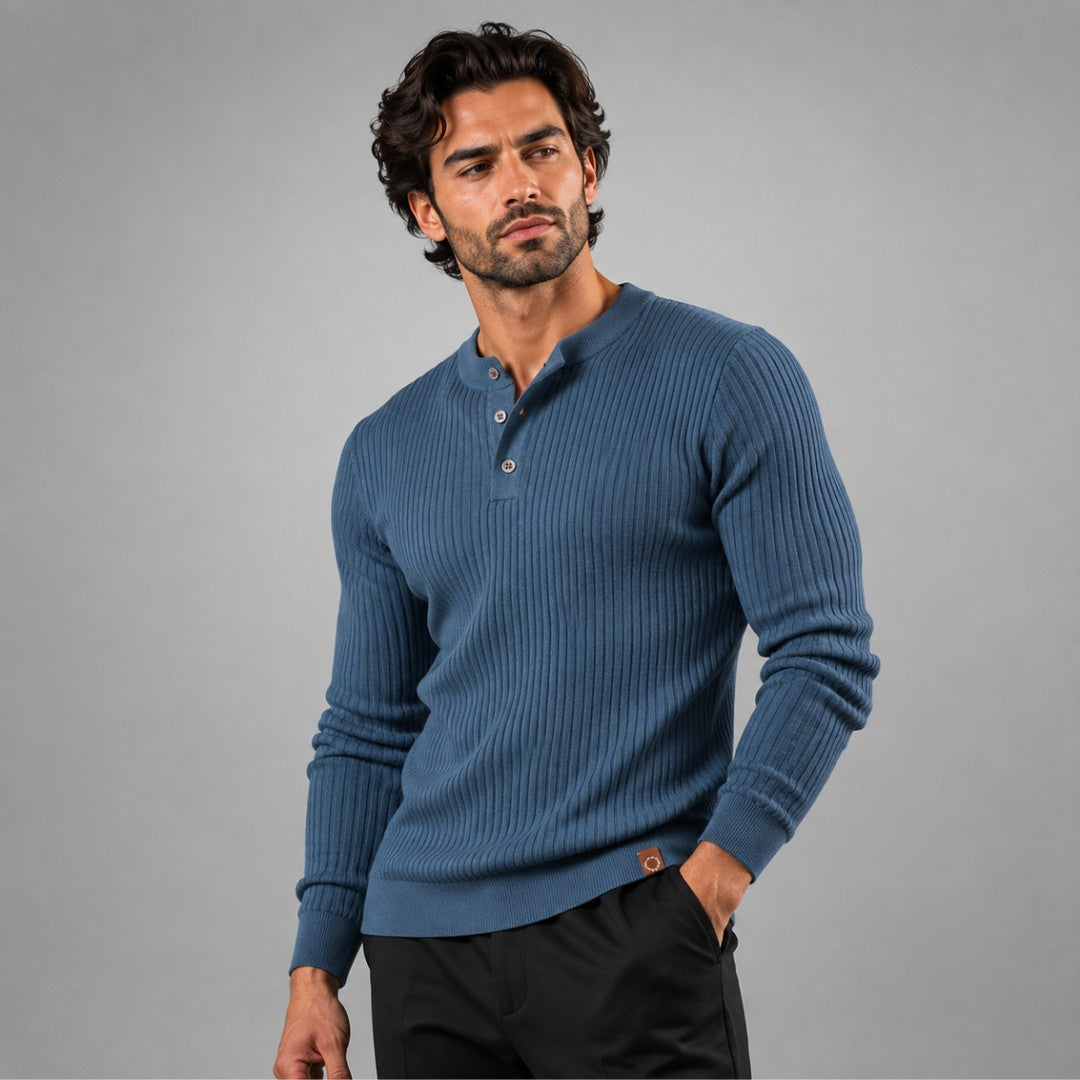 Vertical Rib Three-Button Henley Sweater