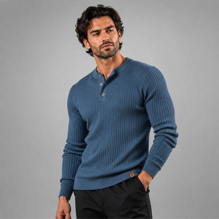 Vertical Rib Three-Button Henley Sweater