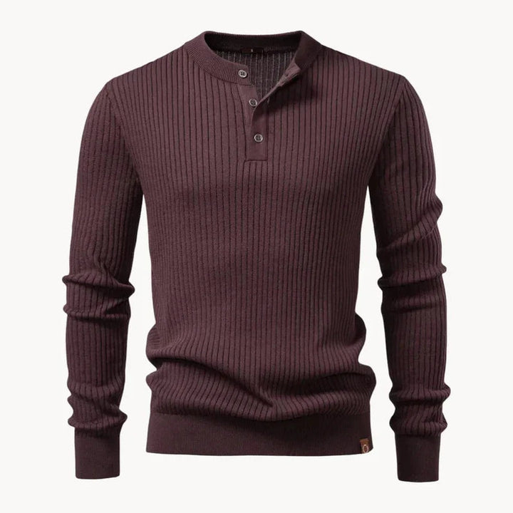 Vertical Rib Three-Button Henley Sweater