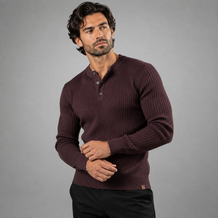 Vertical Rib Three-Button Henley Sweater