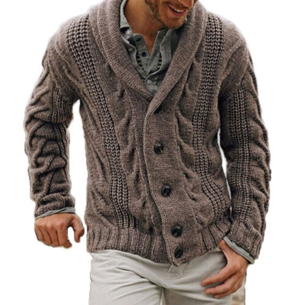 Cable Knit Shawl Collar Button Cardigan