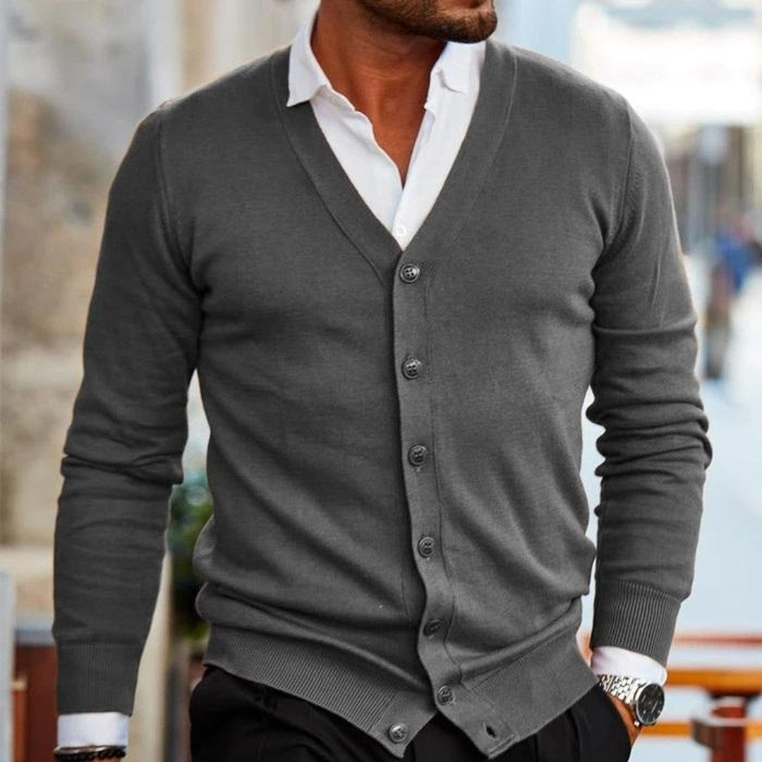 Slim V-Neck Button Cardigan with Ribbed Trim