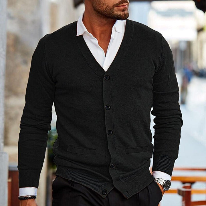 Slim V-Neck Button Cardigan with Ribbed Trim
