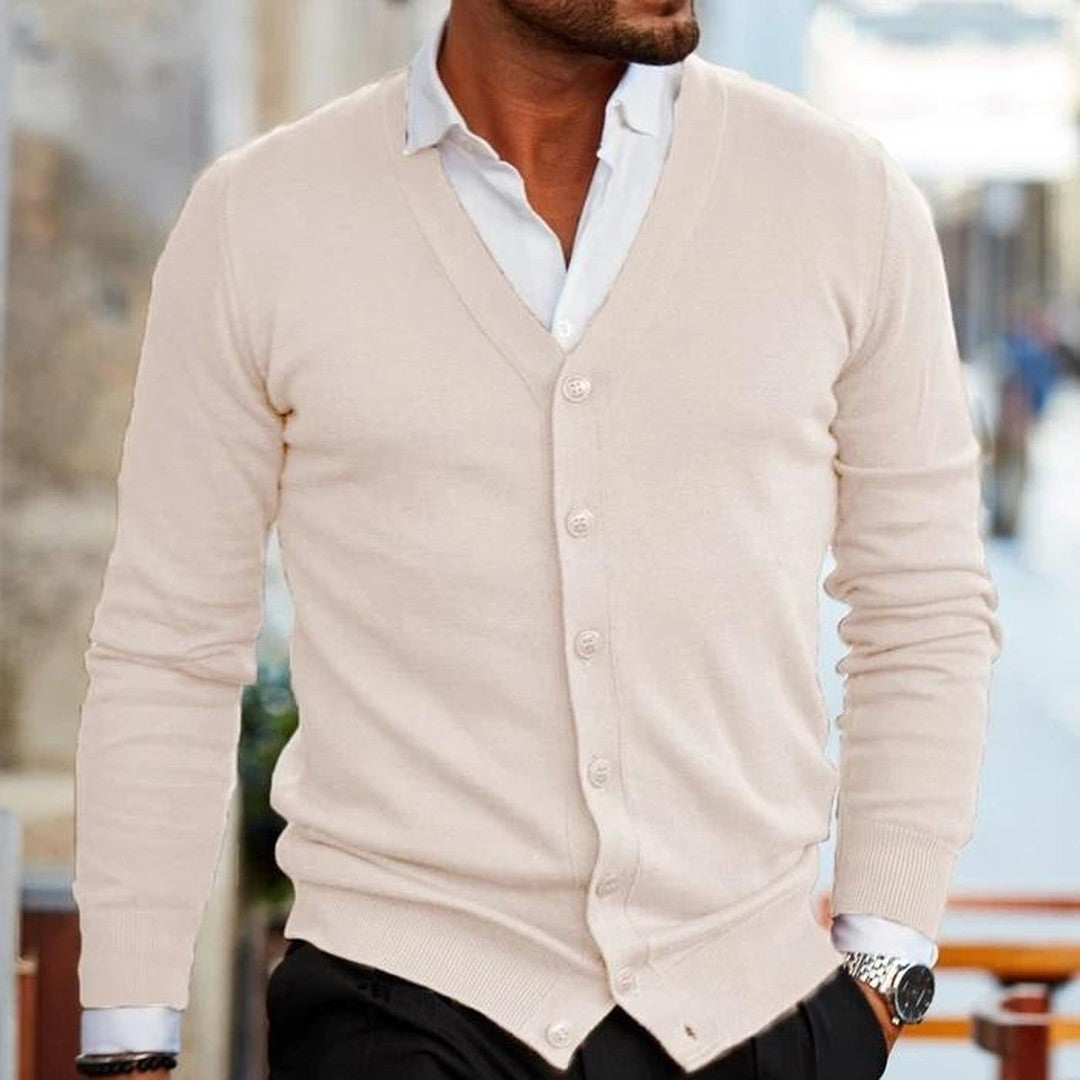 Slim V-Neck Button Cardigan with Ribbed Trim