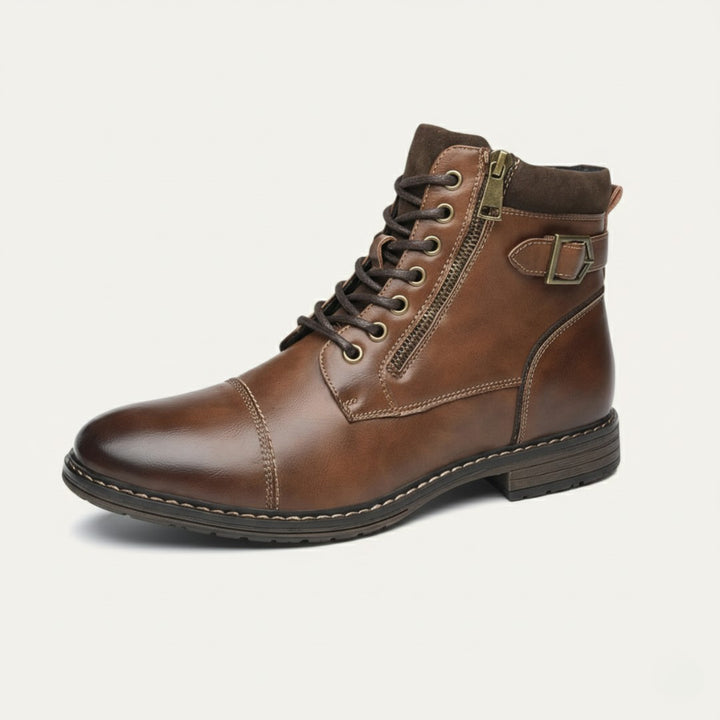 Buckle-Strap Leather-Look Ankle Boots