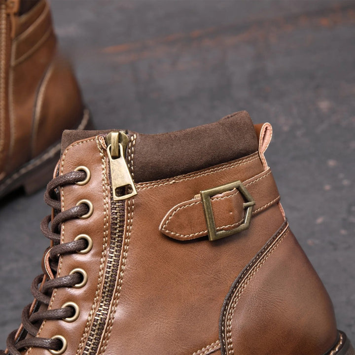 Buckle-Strap Leather-Look Ankle Boots