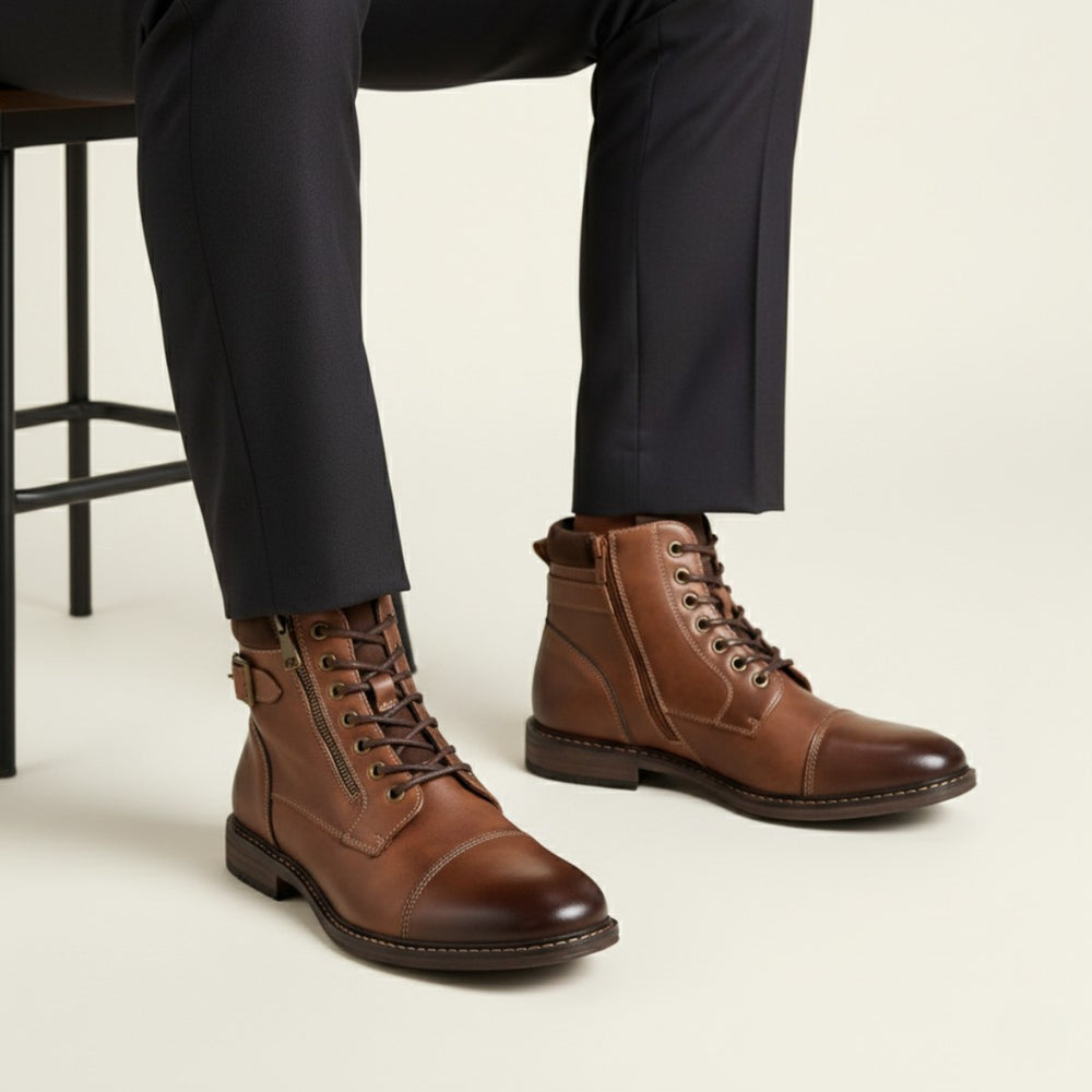 Buckle-Strap Leather-Look Ankle Boots