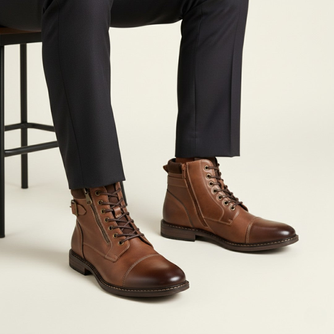 Buckle-Strap Leather-Look Ankle Boots
