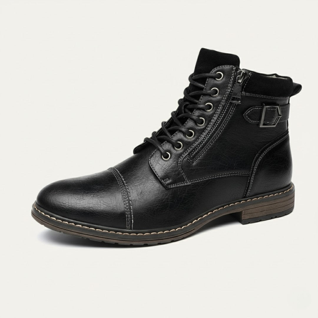 Buckle-Strap Leather-Look Ankle Boots