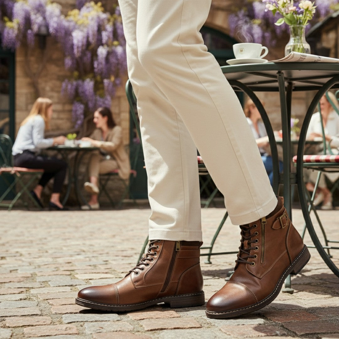 Buckle-Strap Leather-Look Ankle Boots