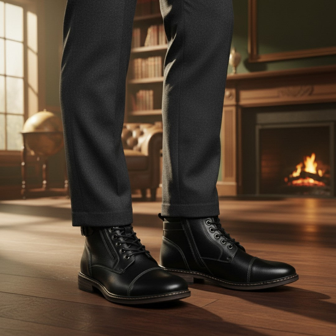 Buckle-Strap Leather-Look Ankle Boots