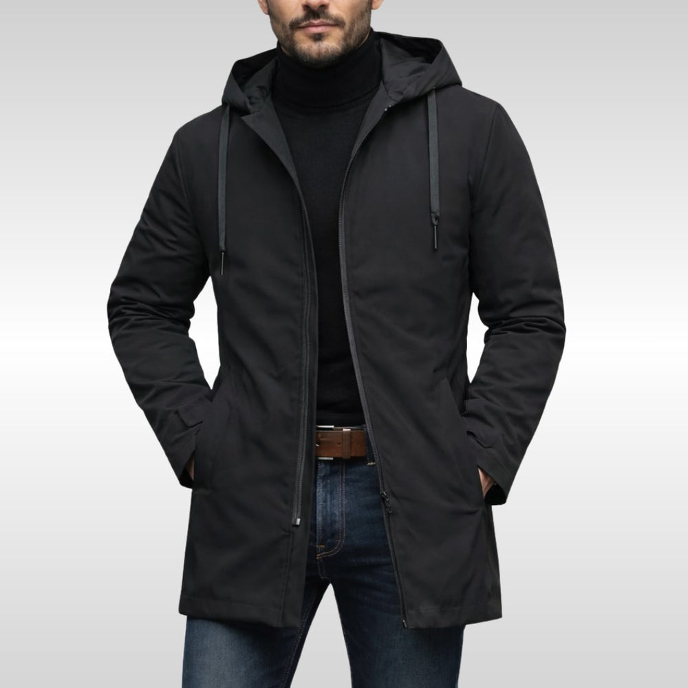 Drawstring Hood Mid-Length Zip Coat