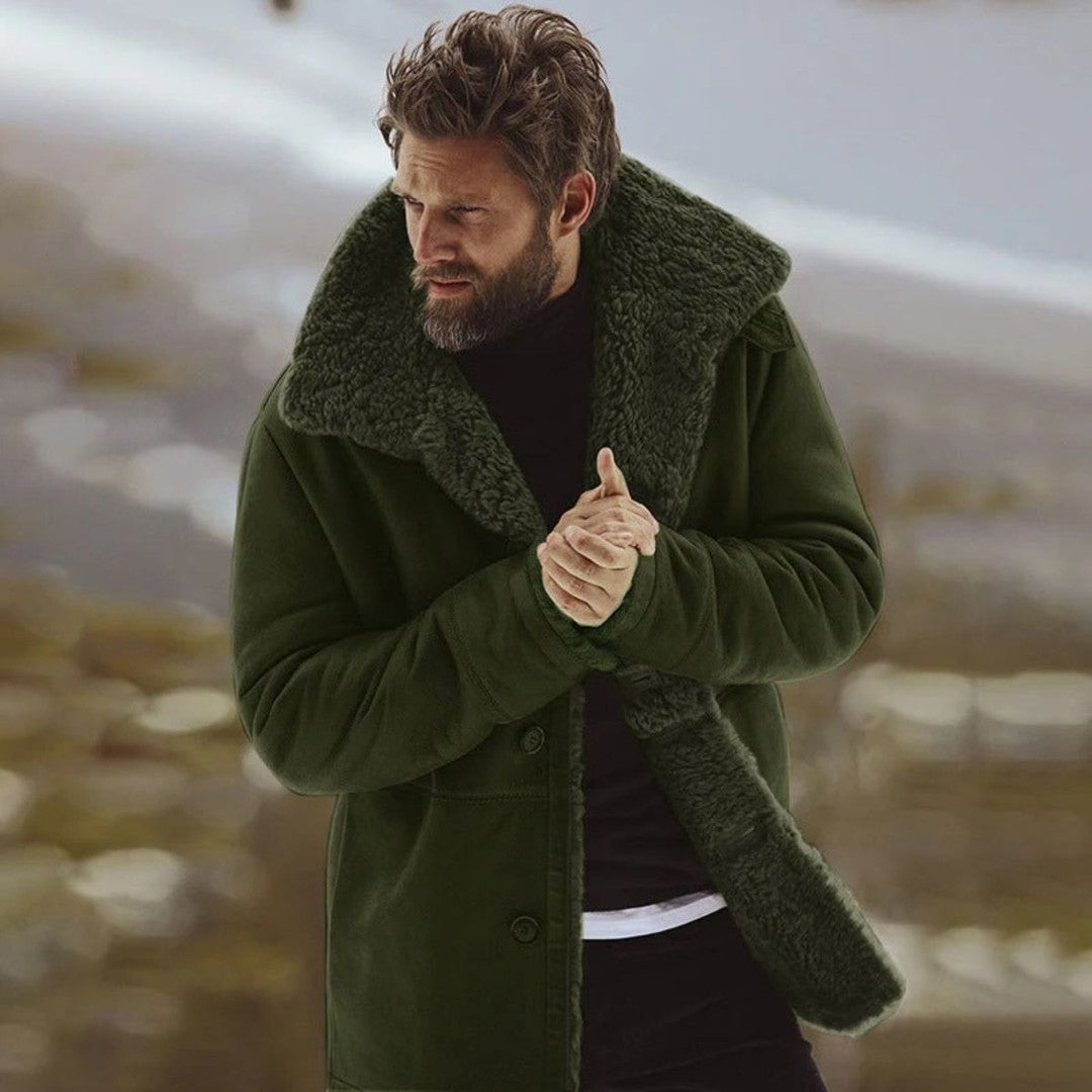 Pile-Lined Suede-Look Button-Front Coat