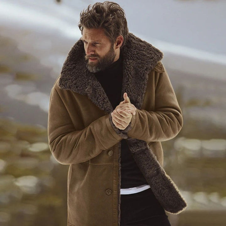 Pile-Lined Suede-Look Button-Front Coat