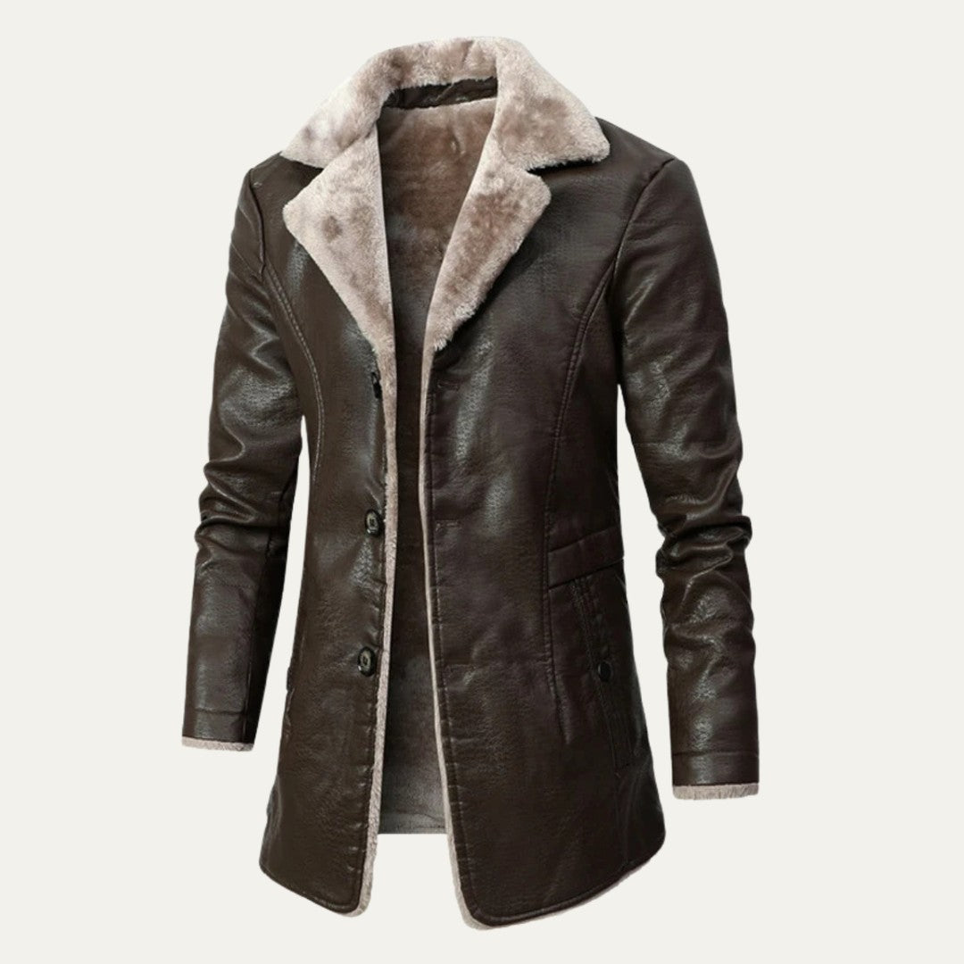Ravenscar - Longline Leather-Look Coat Plush Shearling-Look Collar