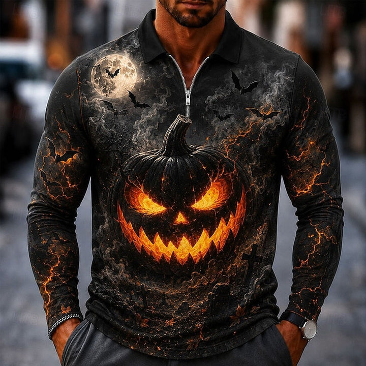 Duskmoor - Zip Long Sleeve Polo Shirt Pumpkin Graphic Print