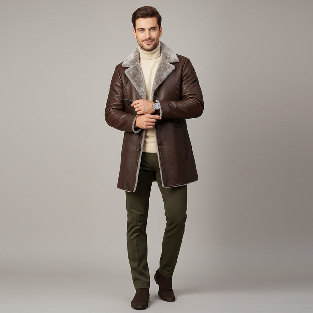 Ravenscar - Longline Leather-Look Coat Plush Shearling-Look Collar