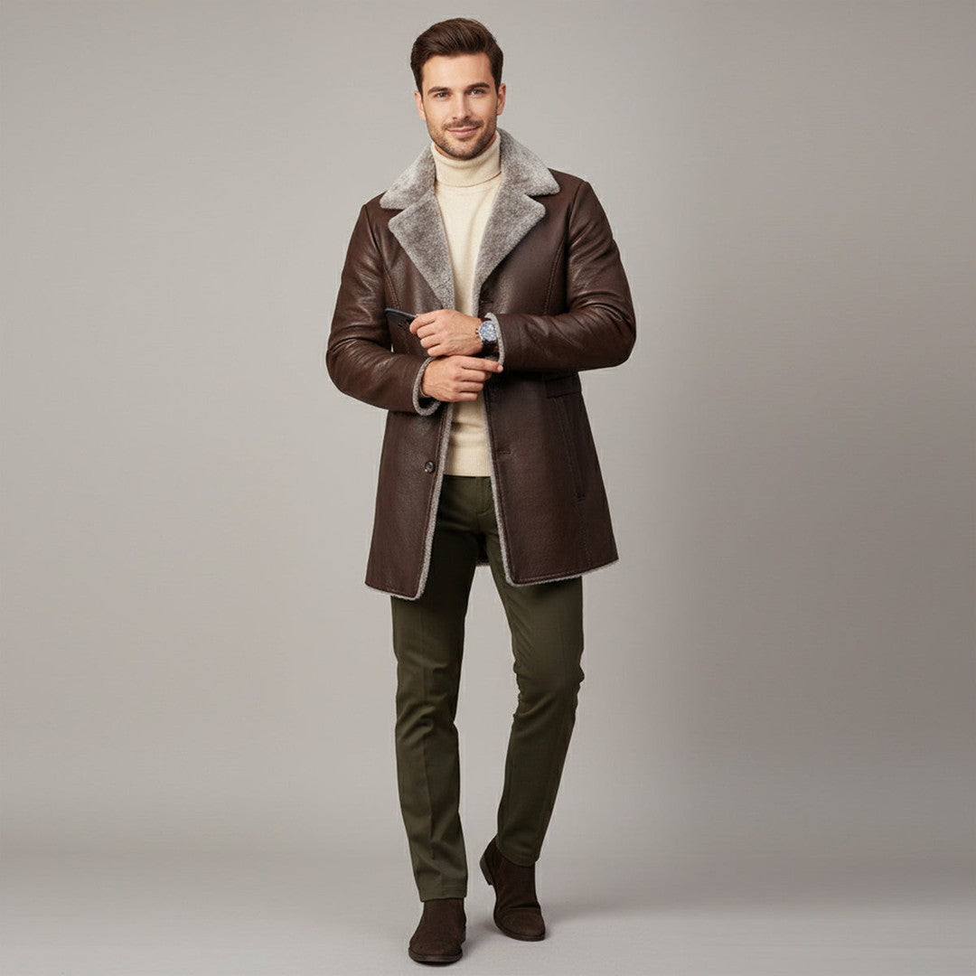 Ravenscar - Longline Leather-Look Coat Plush Shearling-Look Collar