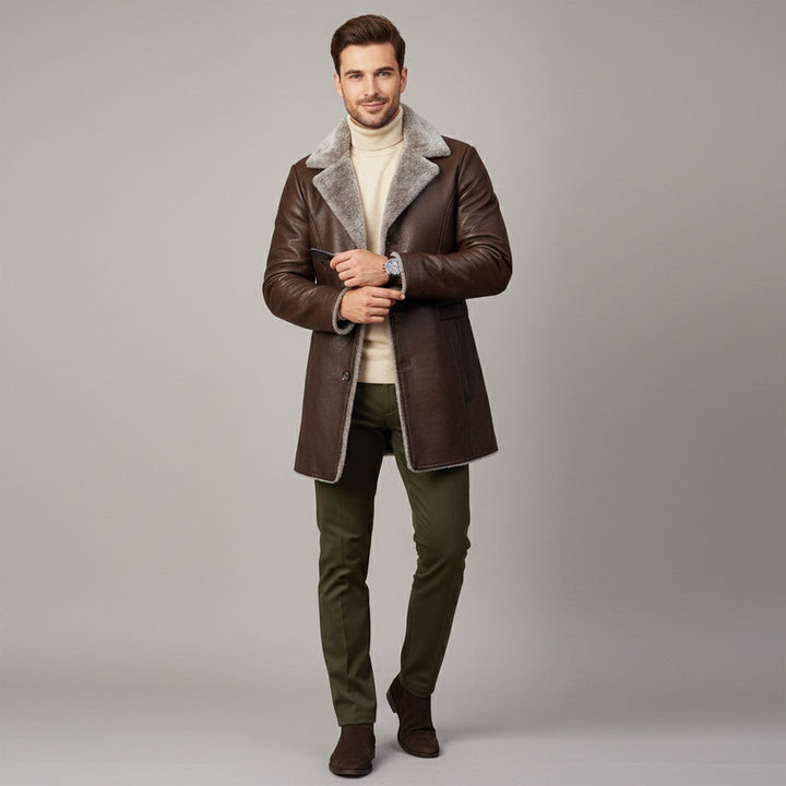 Ravenscar - Longline Leather-Look Coat Plush Shearling-Look Collar