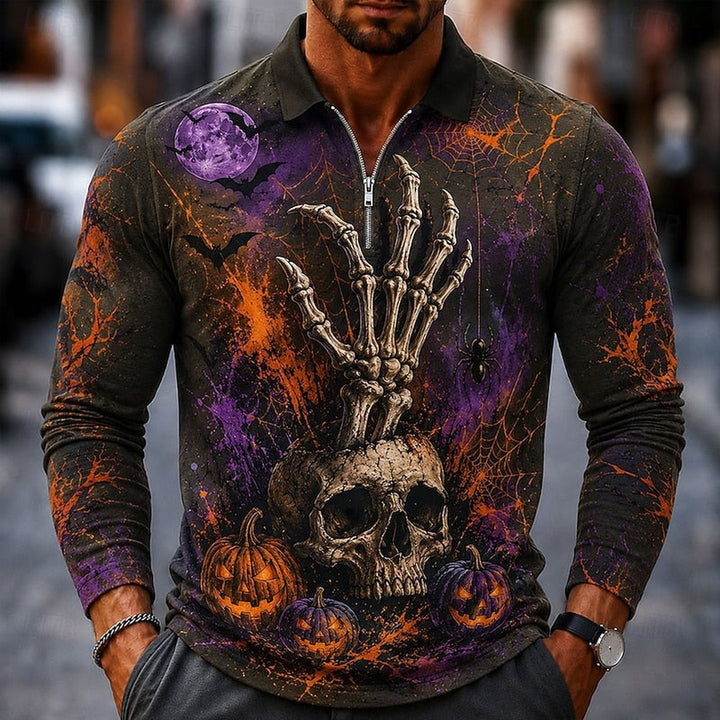 Duskmoor - Zip Long Sleeve Polo Shirt Pumpkin Graphic Print