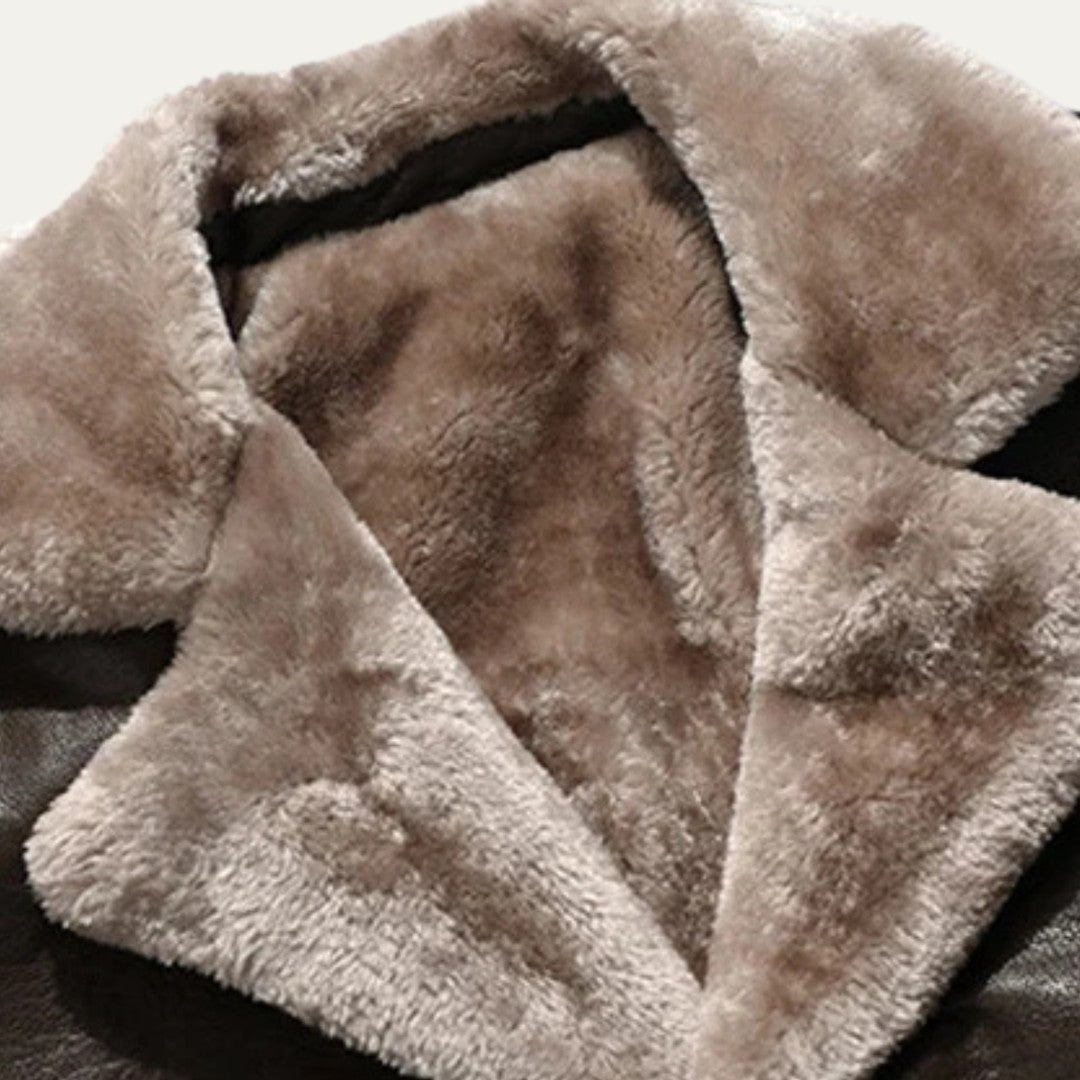 Ravenscar - Longline Leather-Look Coat Plush Shearling-Look Collar