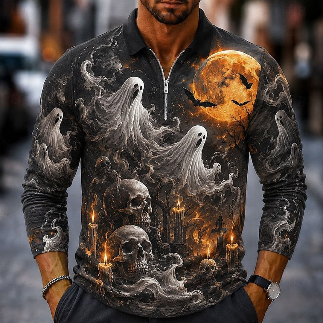 Duskmoor - Zip Long Sleeve Polo Shirt Pumpkin Graphic Print