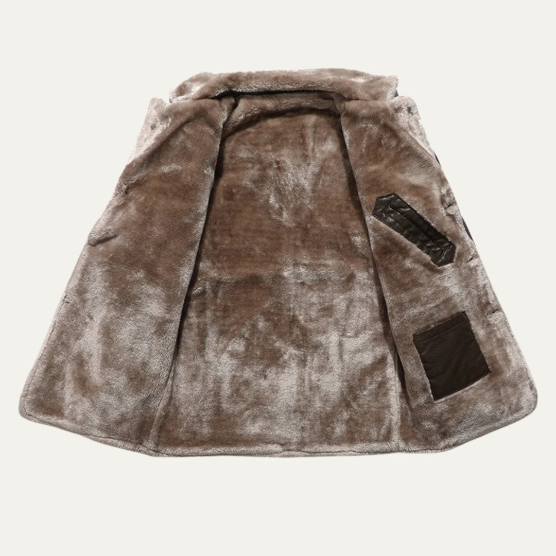 Ravenscar - Longline Leather-Look Coat Plush Shearling-Look Collar