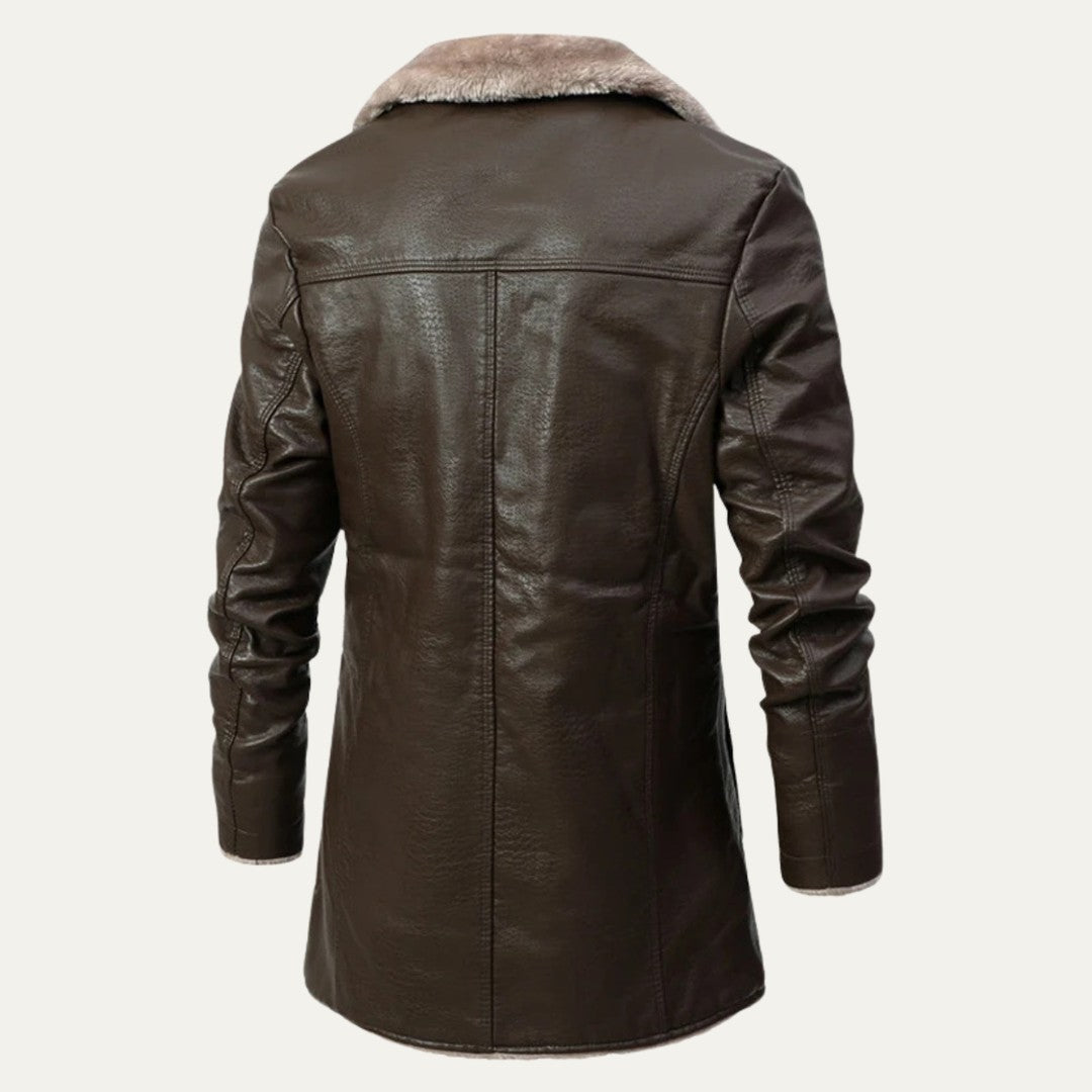 Ravenscar - Longline Leather-Look Coat Plush Shearling-Look Collar