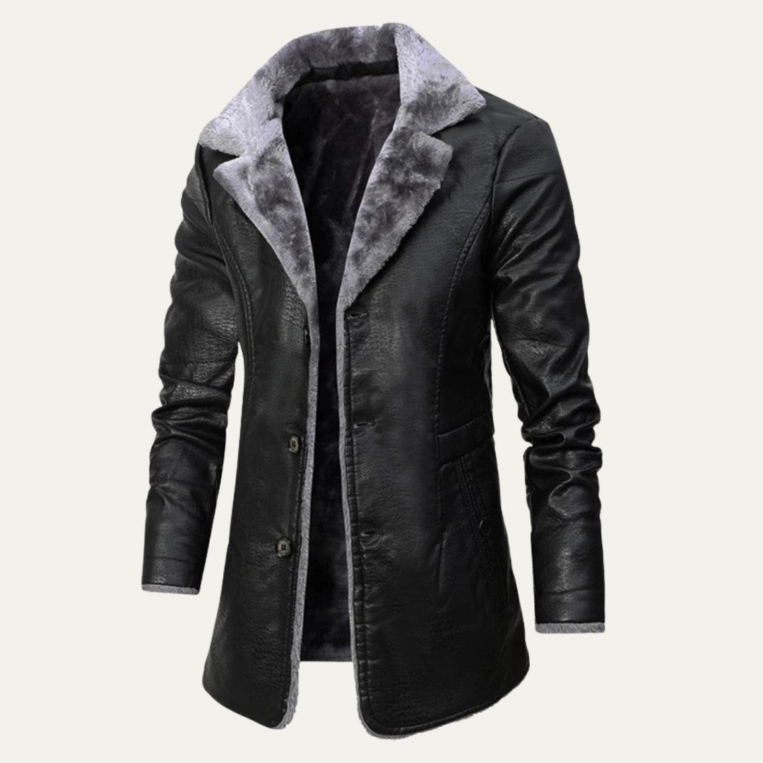 Ravenscar - Longline Leather-Look Coat Plush Shearling-Look Collar