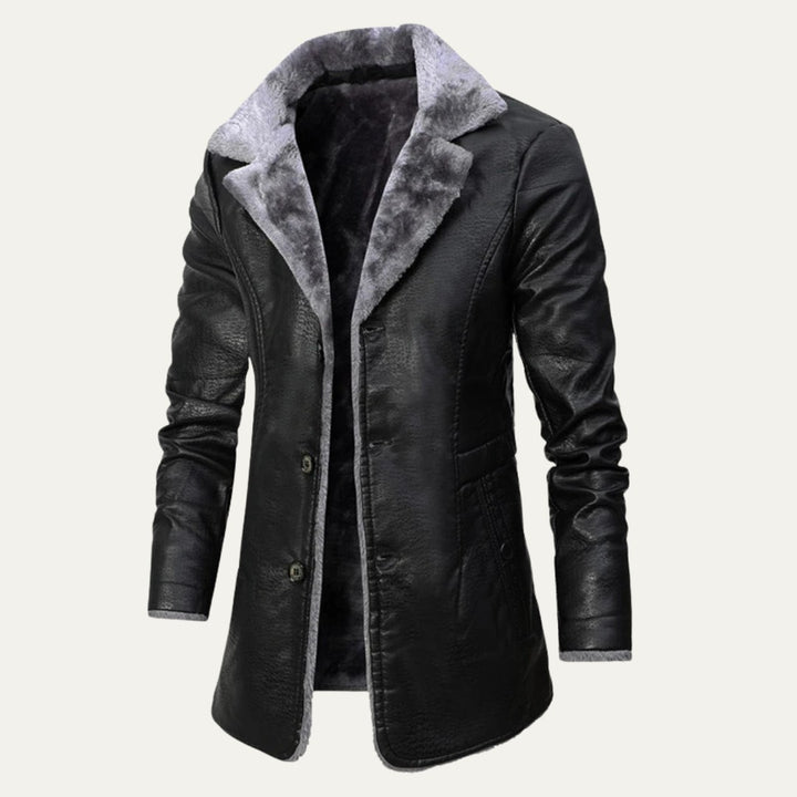 Ravenscar - Longline Leather-Look Coat Plush Shearling-Look Collar