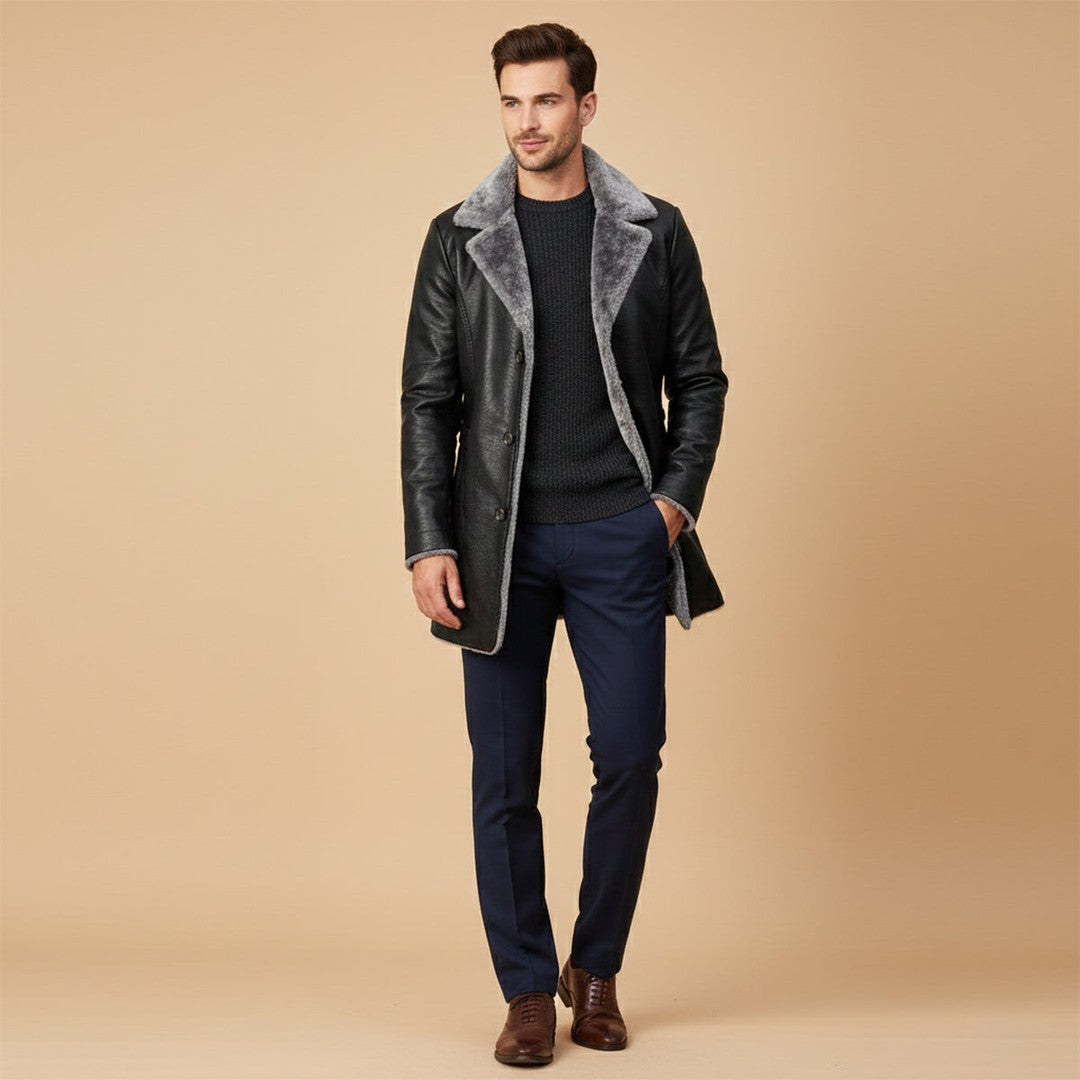 Ravenscar - Longline Leather-Look Coat Plush Shearling-Look Collar
