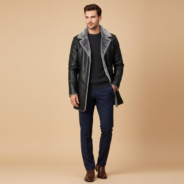 Ravenscar - Longline Leather-Look Coat Plush Shearling-Look Collar