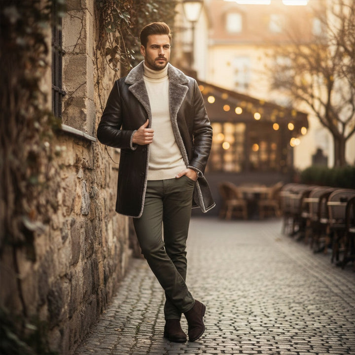 Ravenscar - Longline Leather-Look Coat Plush Shearling-Look Collar