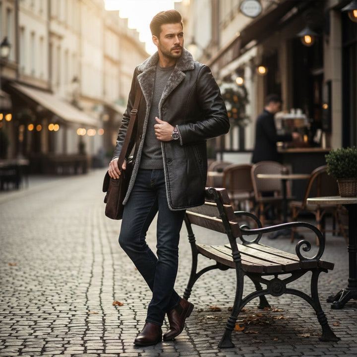 Ravenscar - Longline Leather-Look Coat Plush Shearling-Look Collar