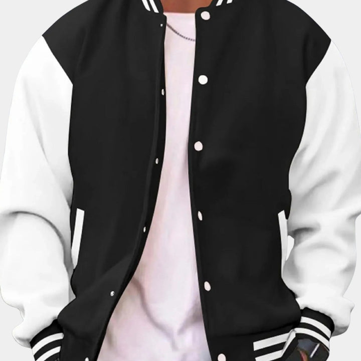 Contrast-Sleeve Snap-Front Varsity Jacket