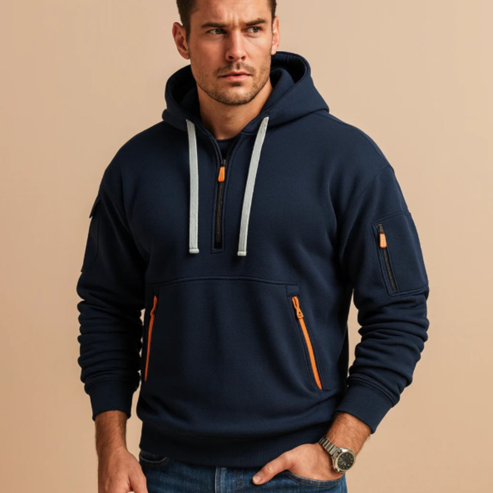 Half-Zip Kangaroo Pocket Hoodie with Sleeve Zip