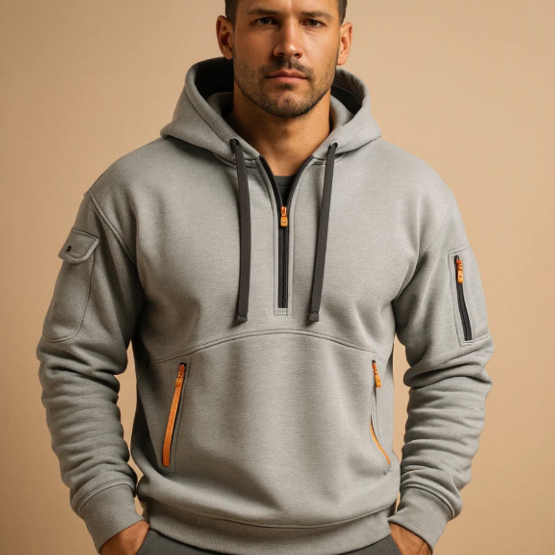 Half-Zip Kangaroo Pocket Hoodie with Sleeve Zip