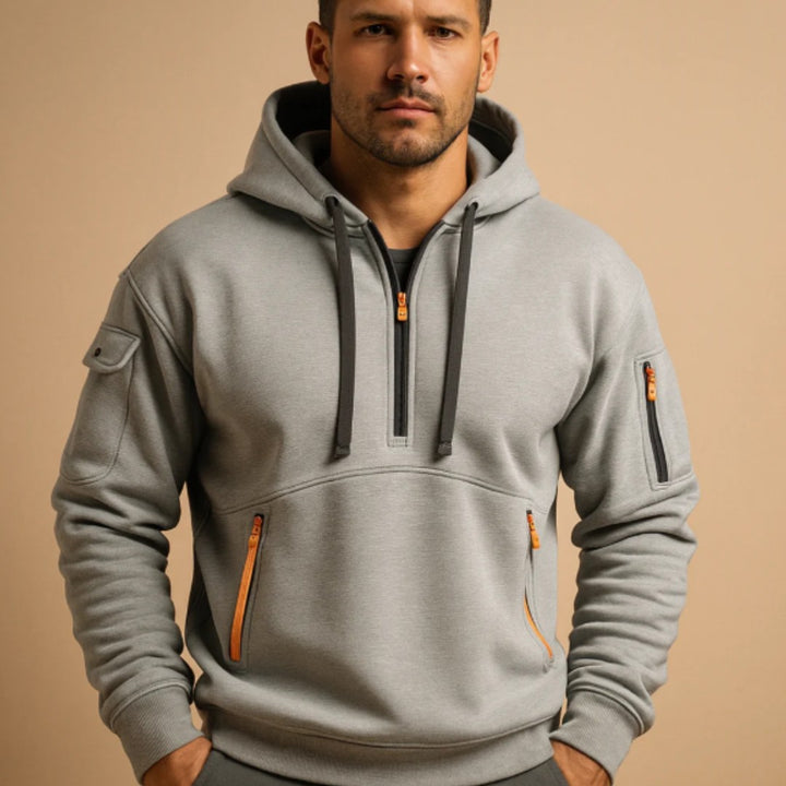Half-Zip Kangaroo Pocket Hoodie with Sleeve Zip