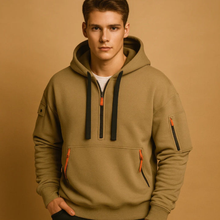 Half-Zip Kangaroo Pocket Hoodie with Sleeve Zip