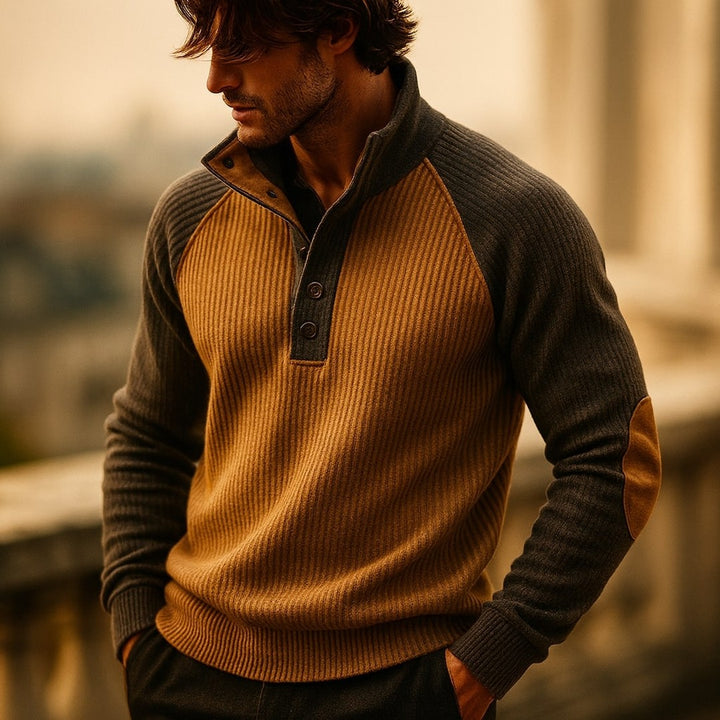 Colour-Block Raglan Button-Neck Sweater