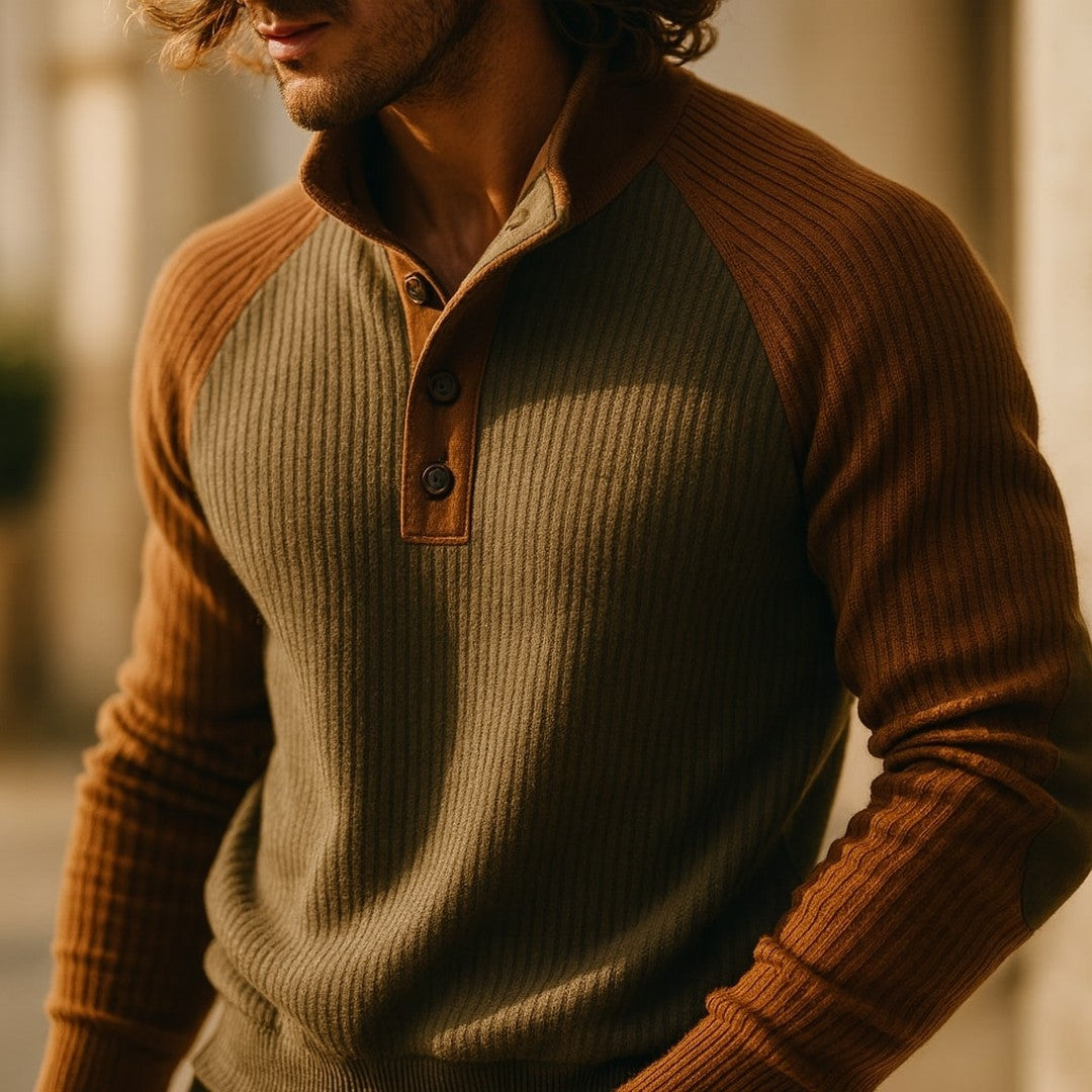 Colour-Block Raglan Button-Neck Sweater