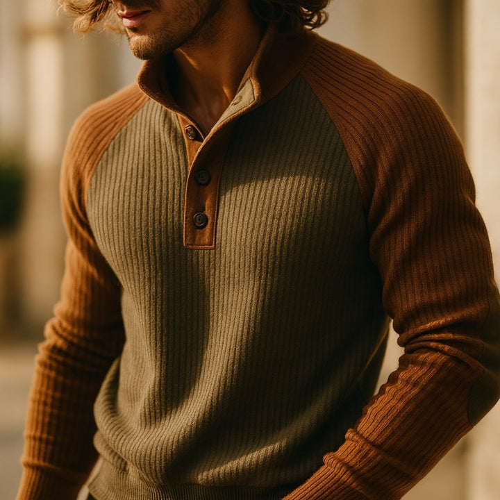 Colour-Block Raglan Button-Neck Sweater