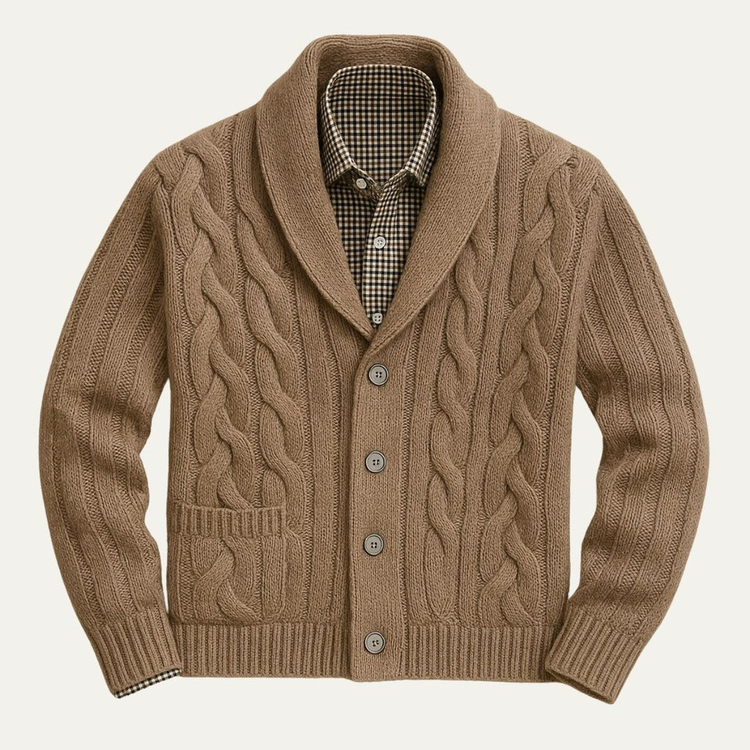 Braided Cable Shawl Collar Cardigan with Patch Pockets