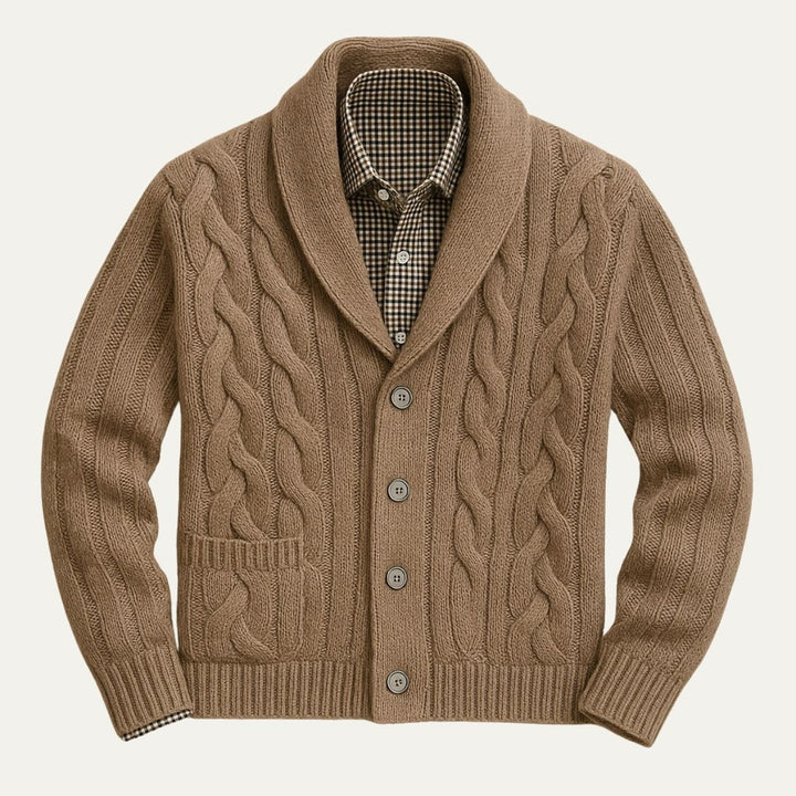 Braided Cable Shawl Collar Cardigan with Patch Pockets