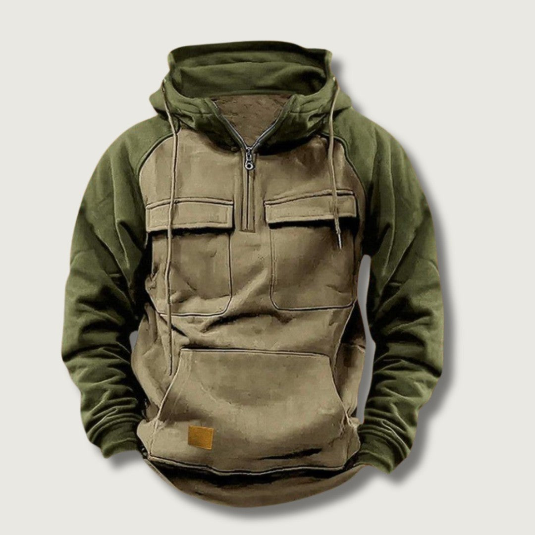 Colour-Block Quarter-Zip Hoodie with Flap Pockets